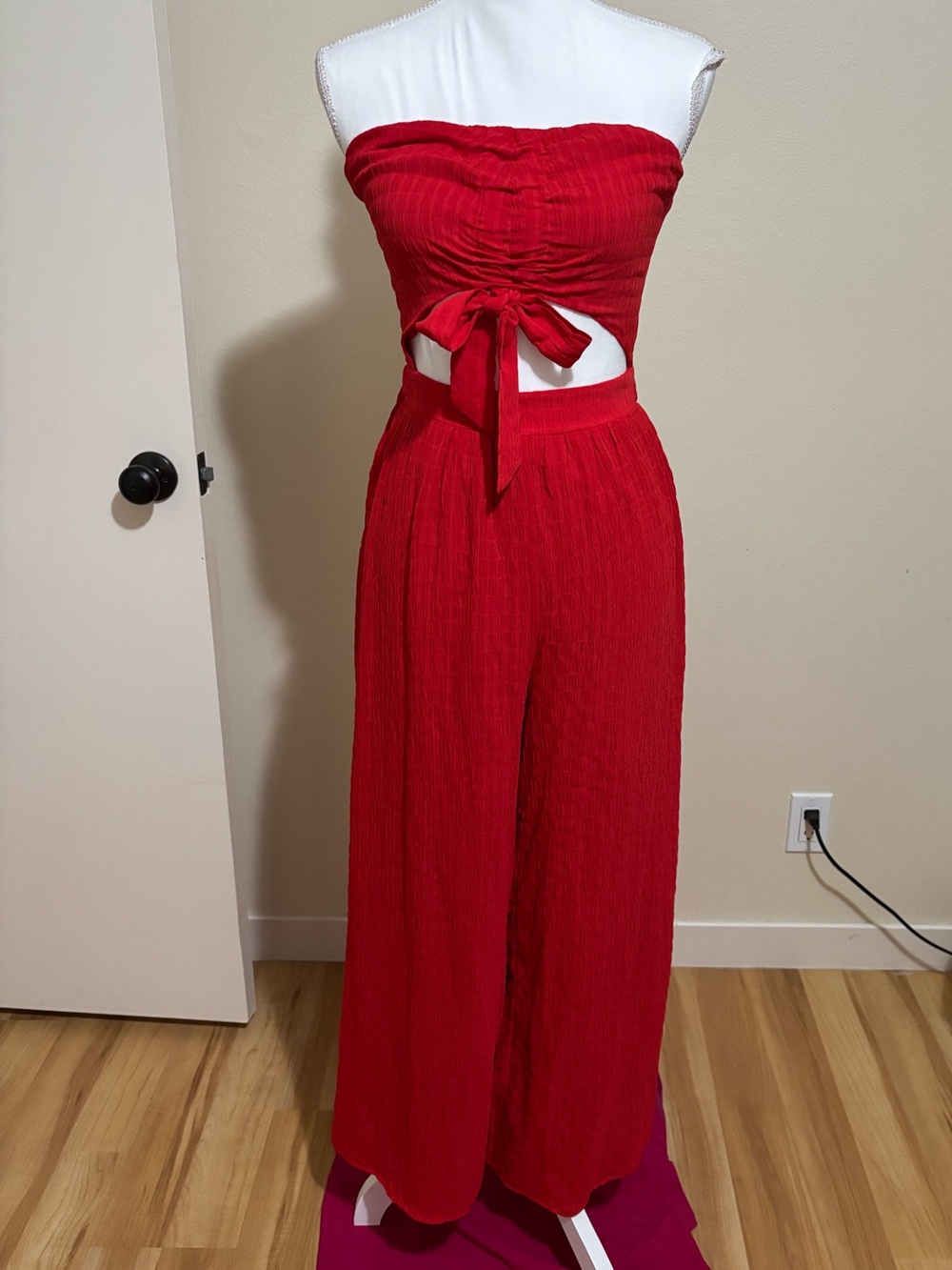 Lulu's Red Strapless Tie-Front Wide Leg Jumpsuit